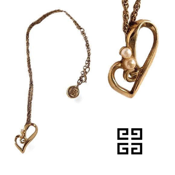 Givenchy (Authentic) Asymmetrical Gold Heart & Pearl Accent 18" Necklace Vintage - Picture 1 of 9